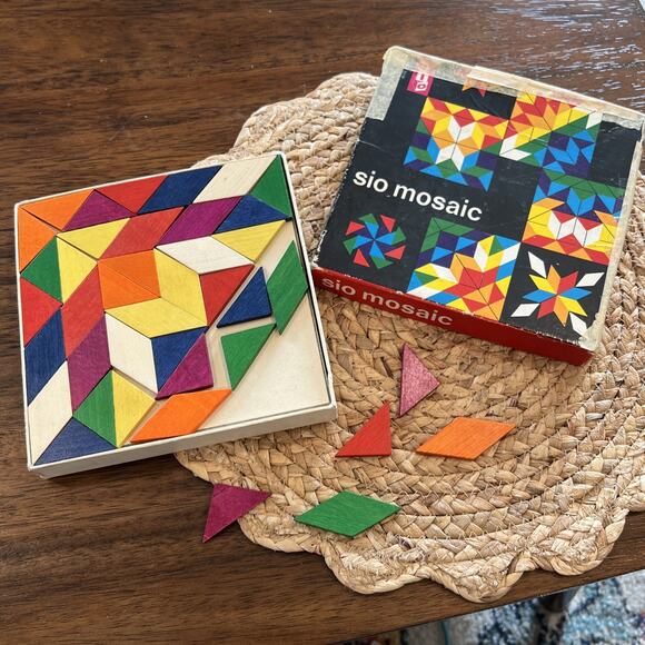 Vintage Wooden Sio Mosaic Puzzle Pieces & Box Creative Imagination Building - Picture 1 of 9